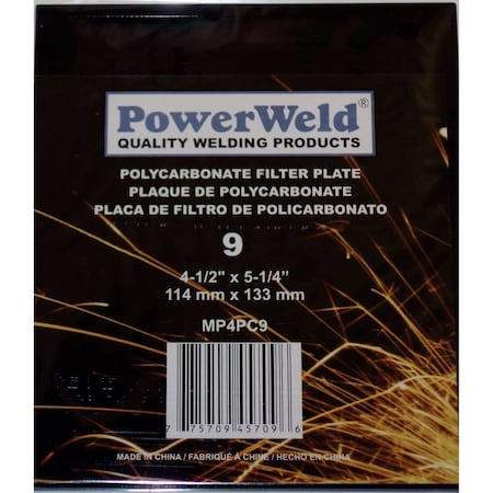 Powerweld Polycarbonate Filter Plate, 4-1/2 x 5-1/4, Shade No 9 MP4PC9